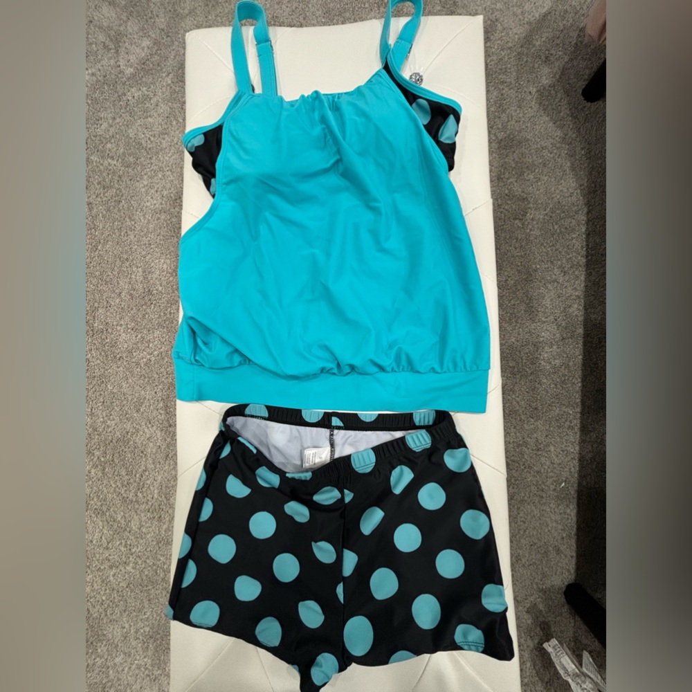 Blue and Black Polka Dot Tankini Set M top; S Bottom